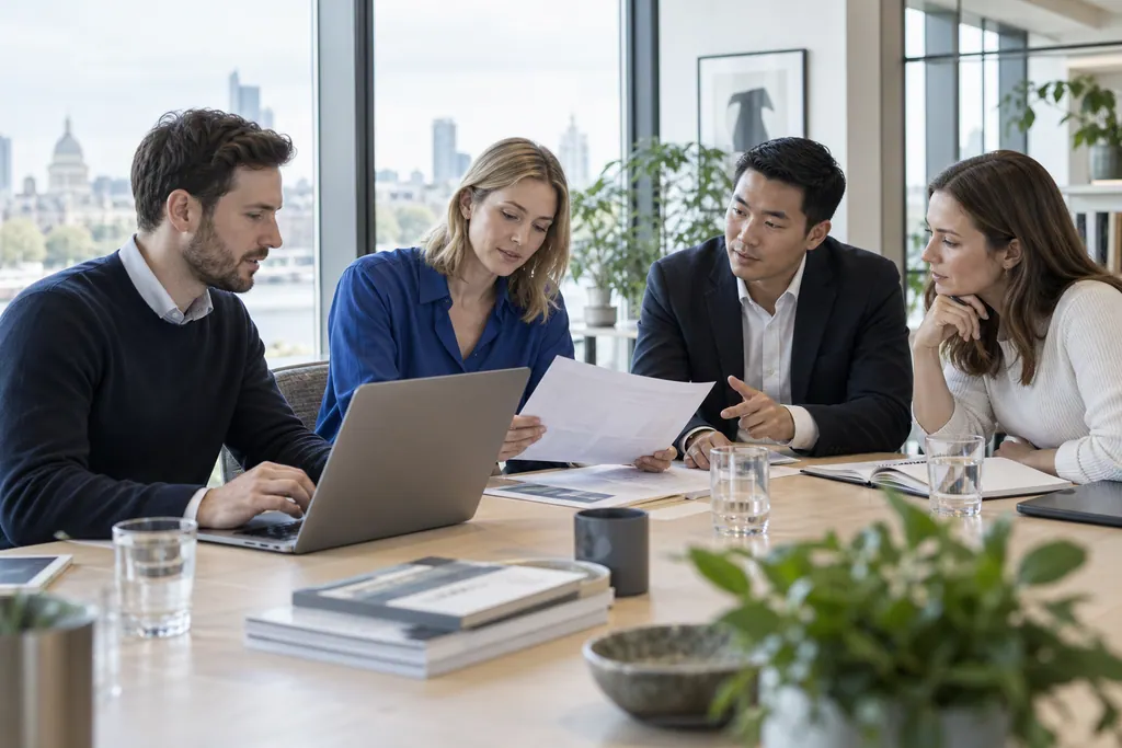 Conceptual editorial scene of international research and technology professionals examining a project together